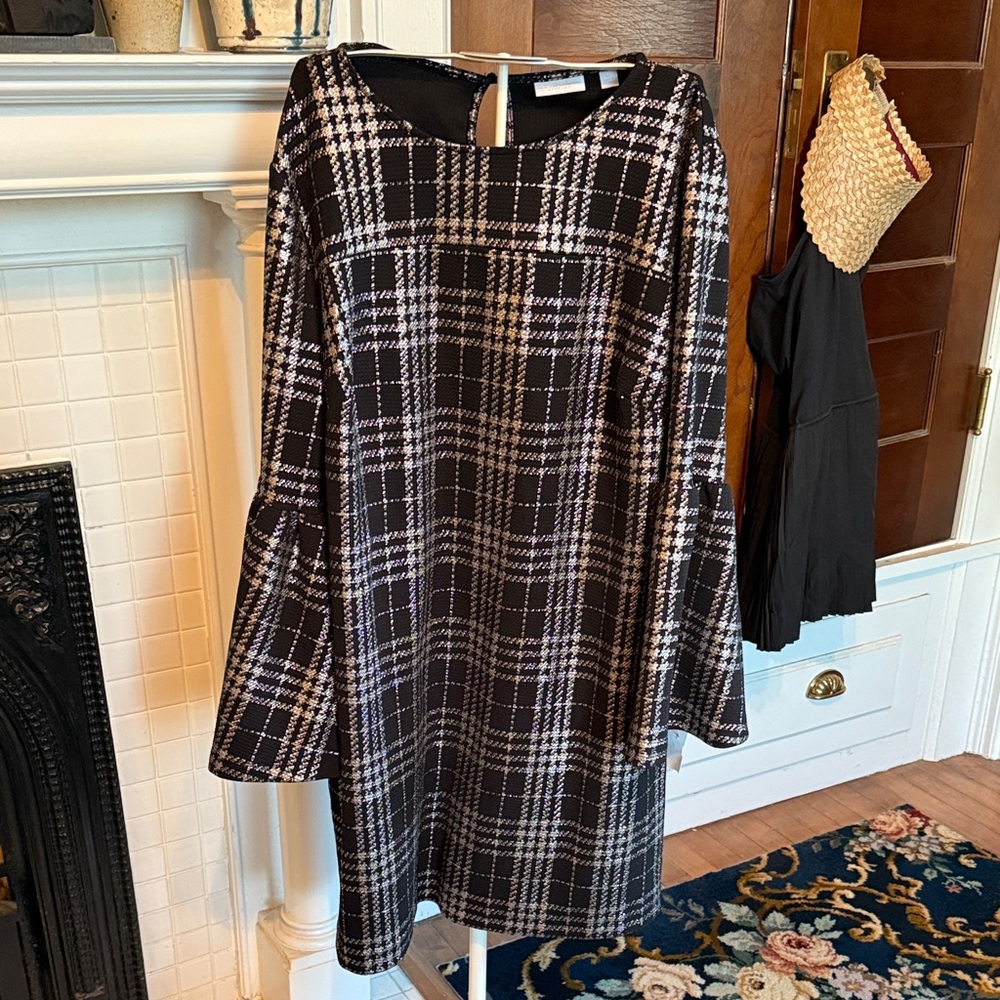 New York & Company Black and Silver metallic bell Sleeve Dress- worn once